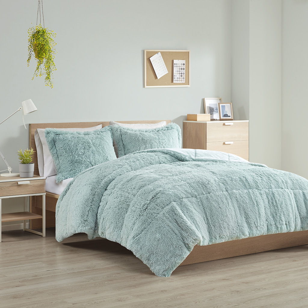 Malea - King Shaggy Long Comforter Mini Set - Aqua Intelligent Design