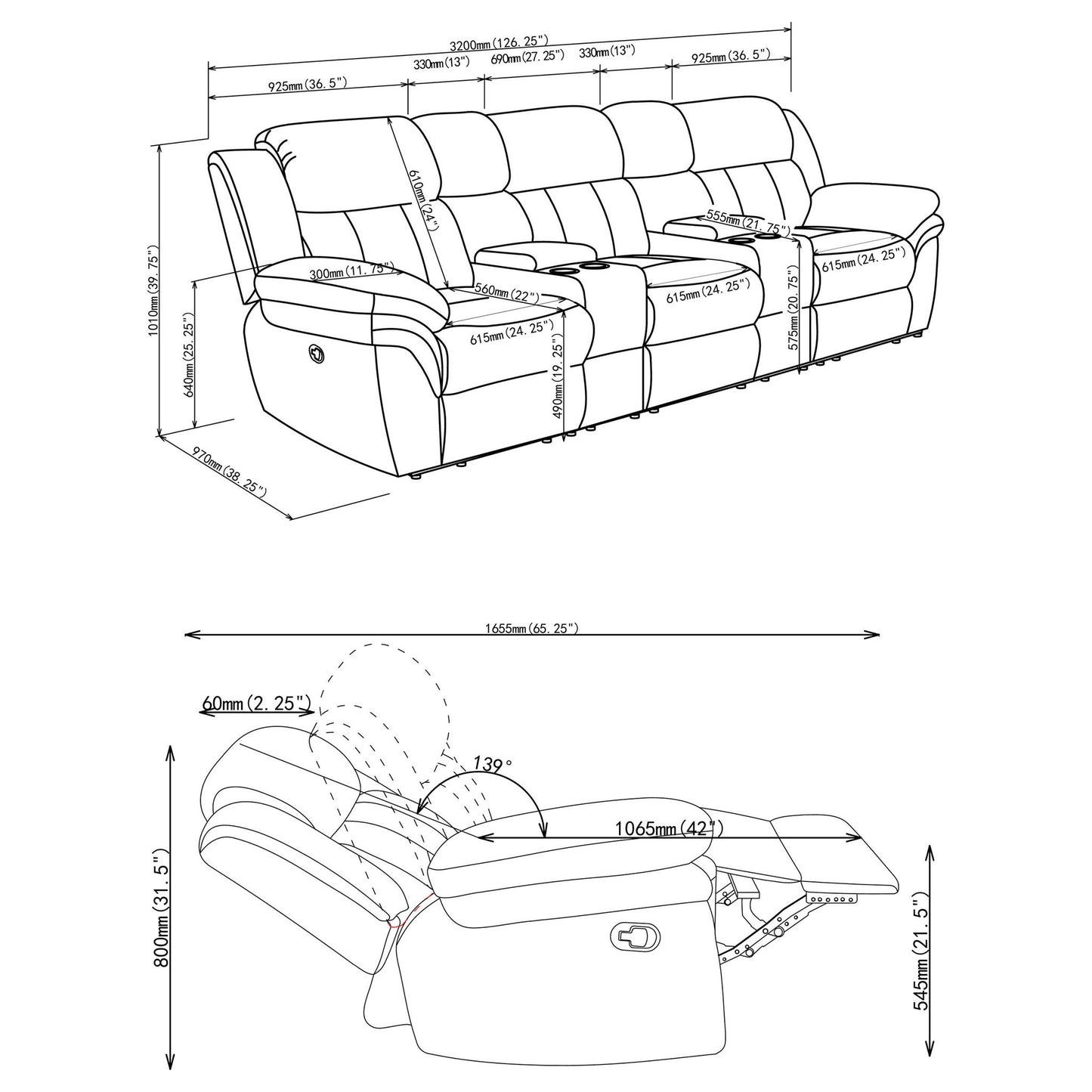 Divine - 5 Piece Power Reclining Home Theater Seating Set With Memory Foam Cushions And Storage Consoles Furniture Max