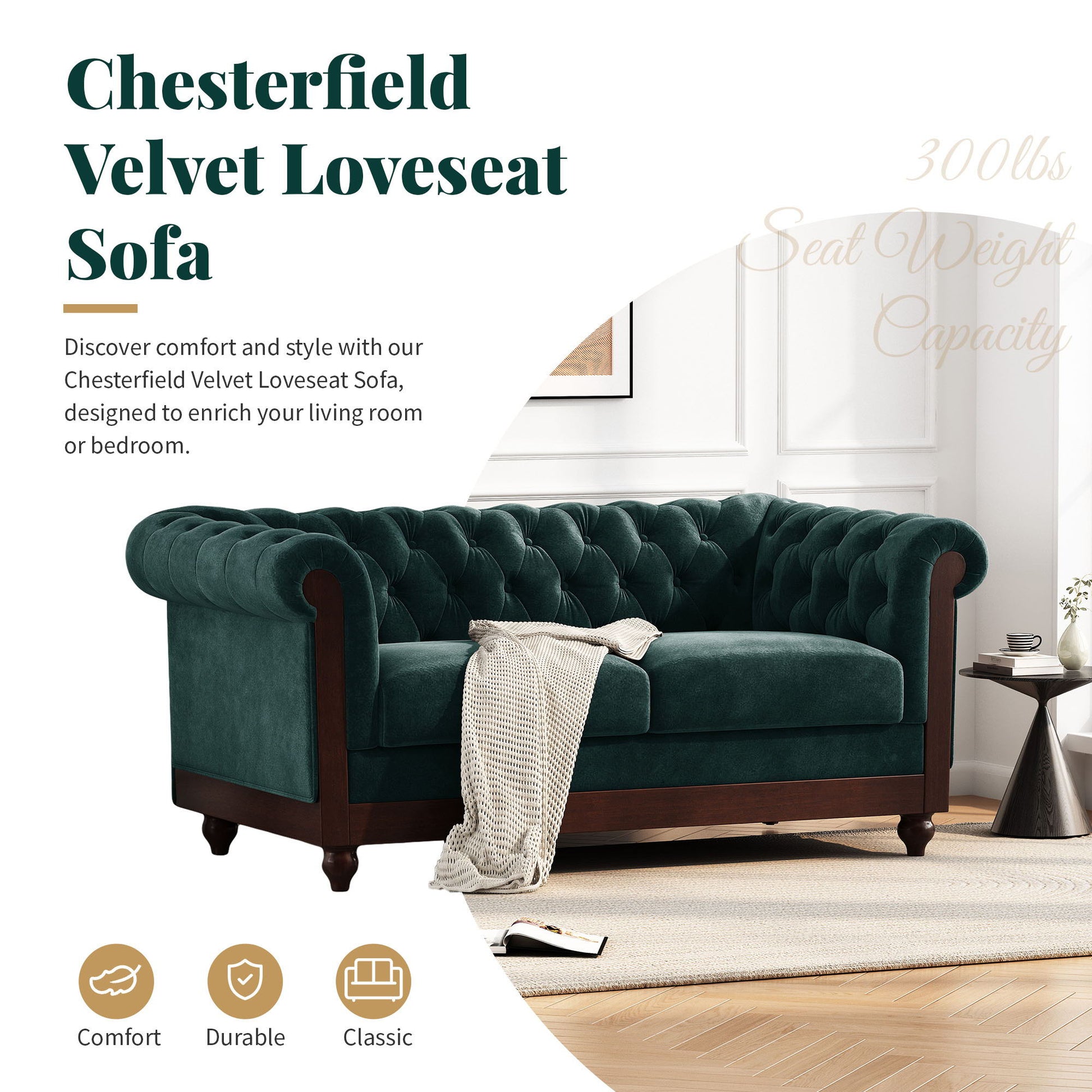 Chesterfield Velvet Loveseat Sofa, 2 Person Rolled Arm Upholstered Couch Noble House
