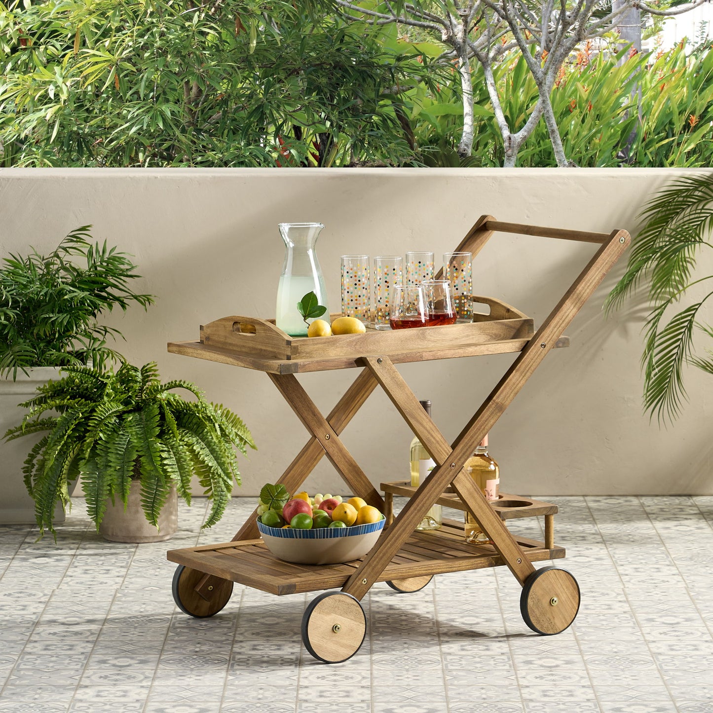 Riviera Bar Cart Stained Mobile With Wheels For Entertaining - Natural Stained Noble House