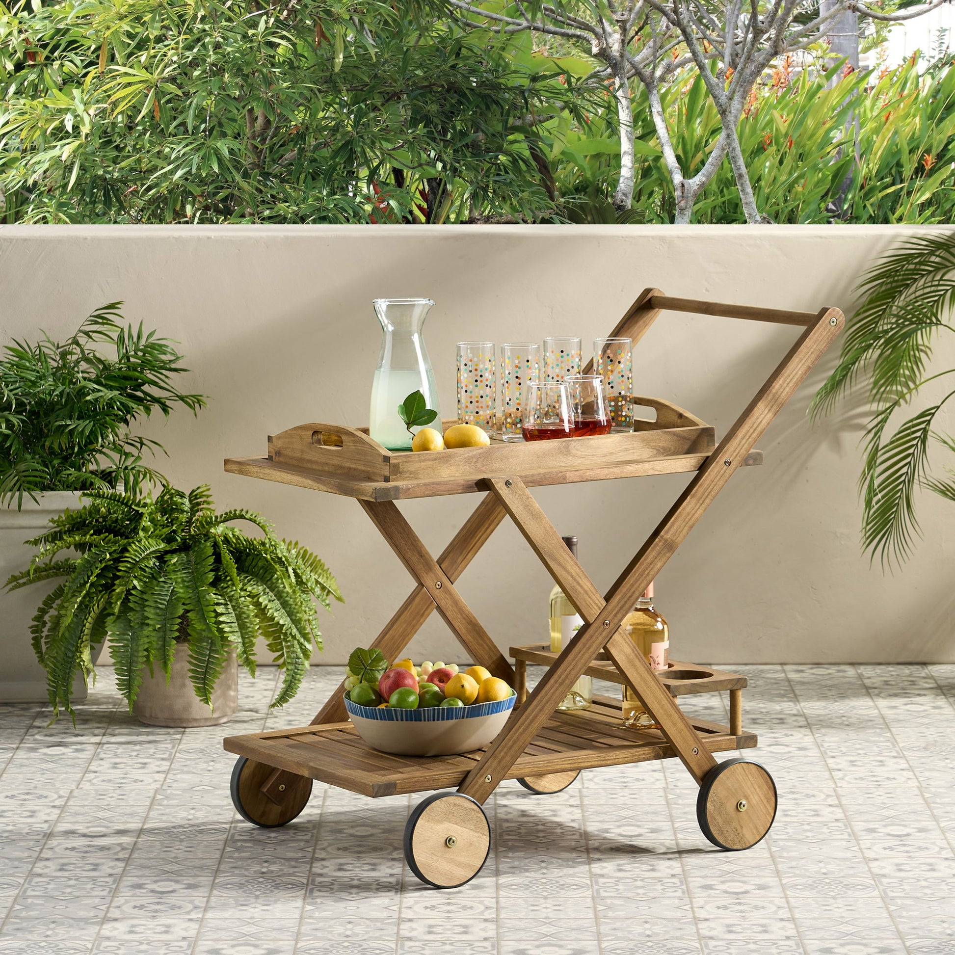 Riviera Bar Cart Stained Mobile With Wheels For Entertaining - Natural Stained Noble House