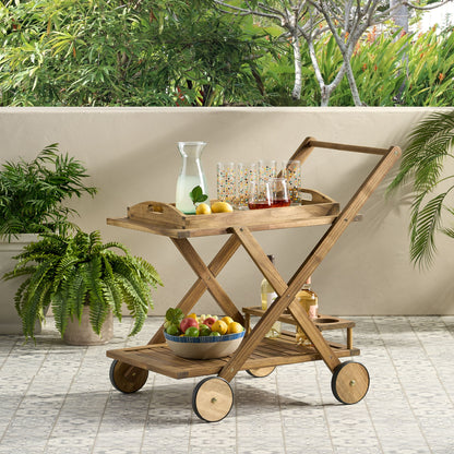 Riviera Bar Cart Stained Mobile With Wheels For Entertaining - Natural Stained Noble House