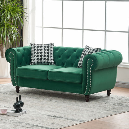 Chesterfield Velvet Fabric Sofa With Roll Armrest And Nailhead, Mid Century 2 Seater Couch Home Essentials