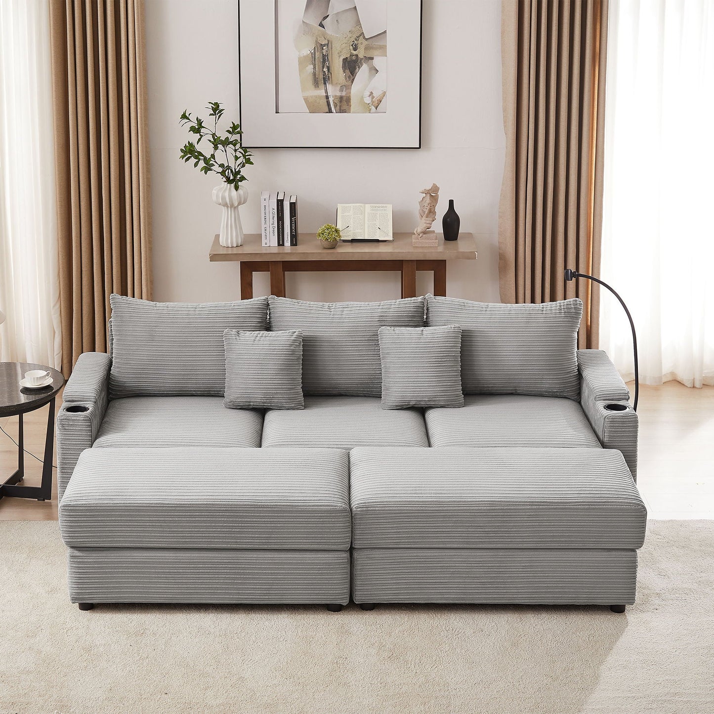Modern Style Loveseat Sofa Sectional Sofa Couch With Storage Space, A Movable Ottoman, Two USB Ports, Two Cup Holders, A Phone Holder For Living Room Hearth and Haven