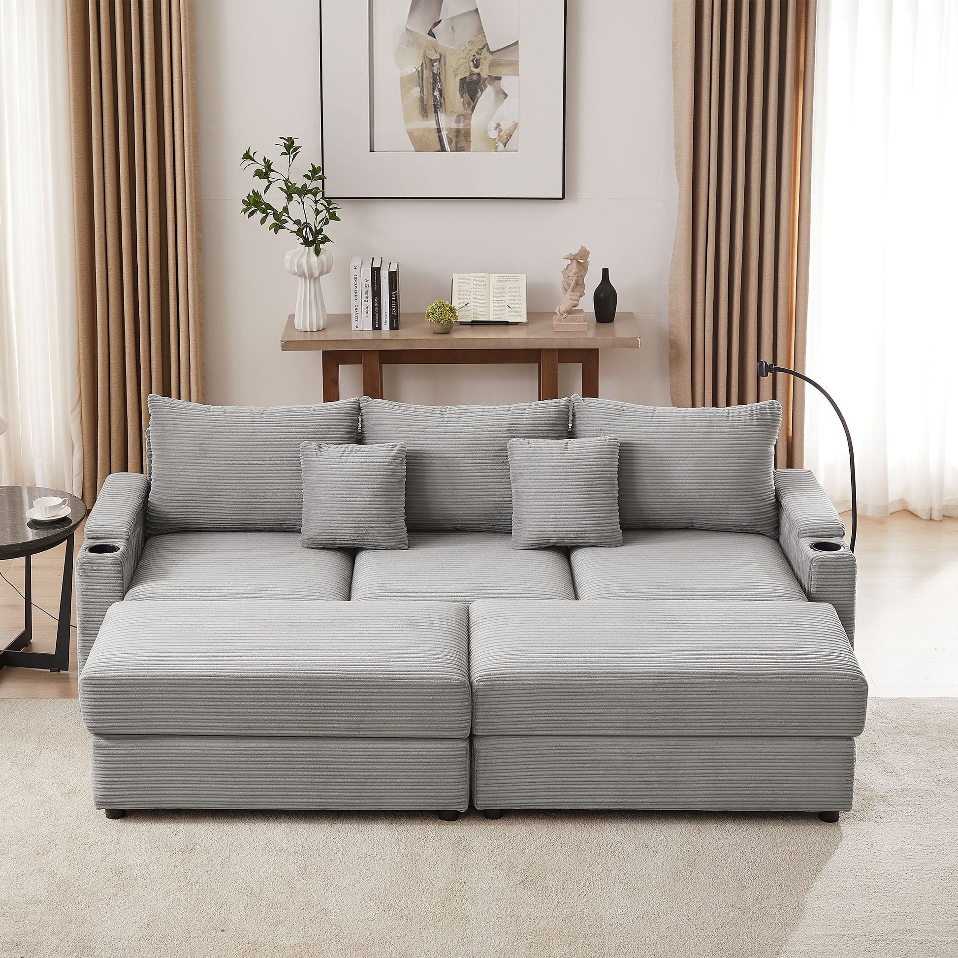 Modern Style Loveseat Sofa Sectional Sofa Couch With Storage Space, A Movable Ottoman, Two USB Ports, Two Cup Holders, A Phone Holder For Living Room Hearth and Haven