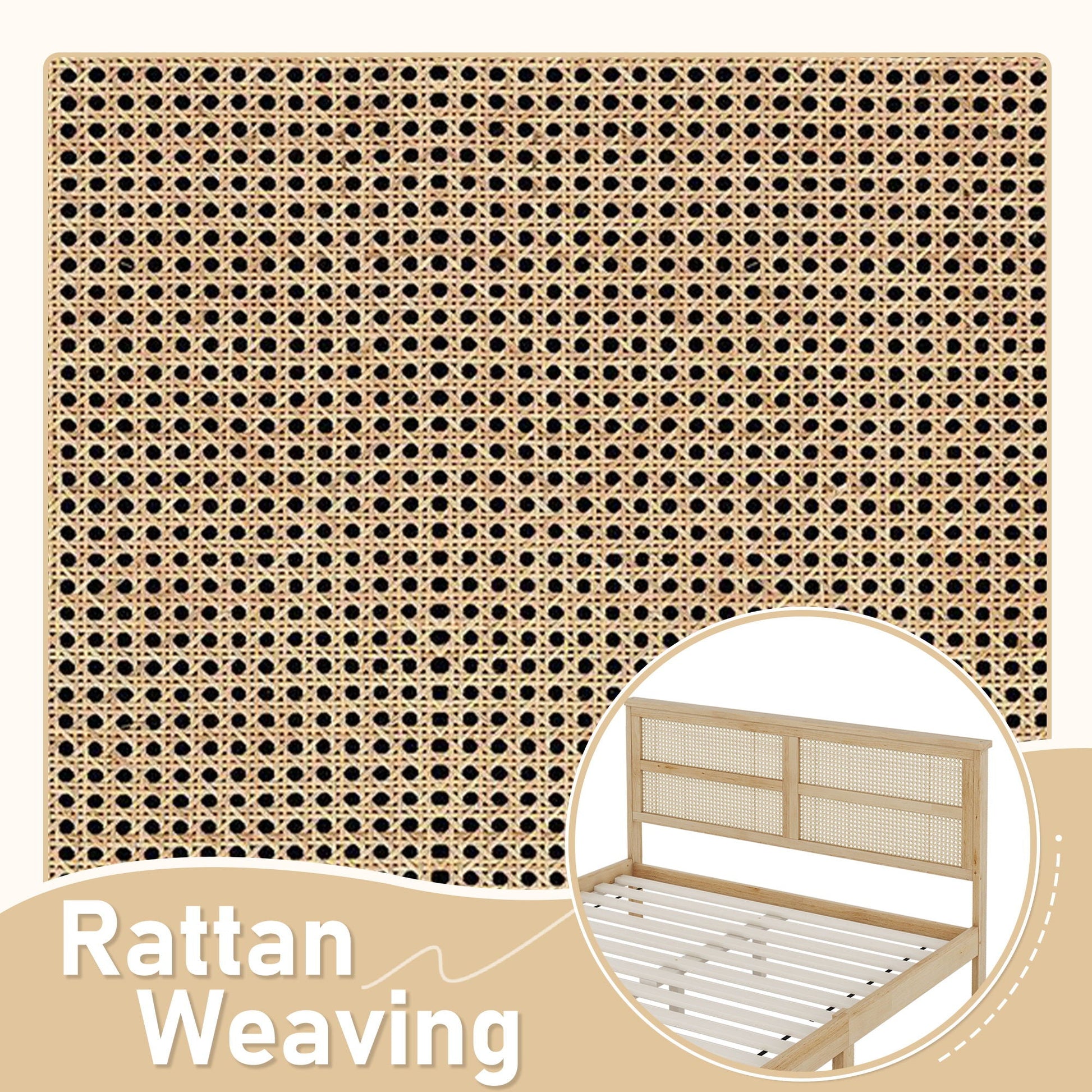 Queen Size Rubber Wooden, Solid Wooden Bed With Rattan Headboard, Enhanced By Support Feet - Natural Home Essentials