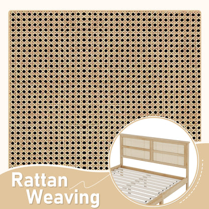 Queen Size Rubber Wooden, Solid Wooden Bed With Rattan Headboard, Enhanced By Support Feet - Natural Home Essentials
