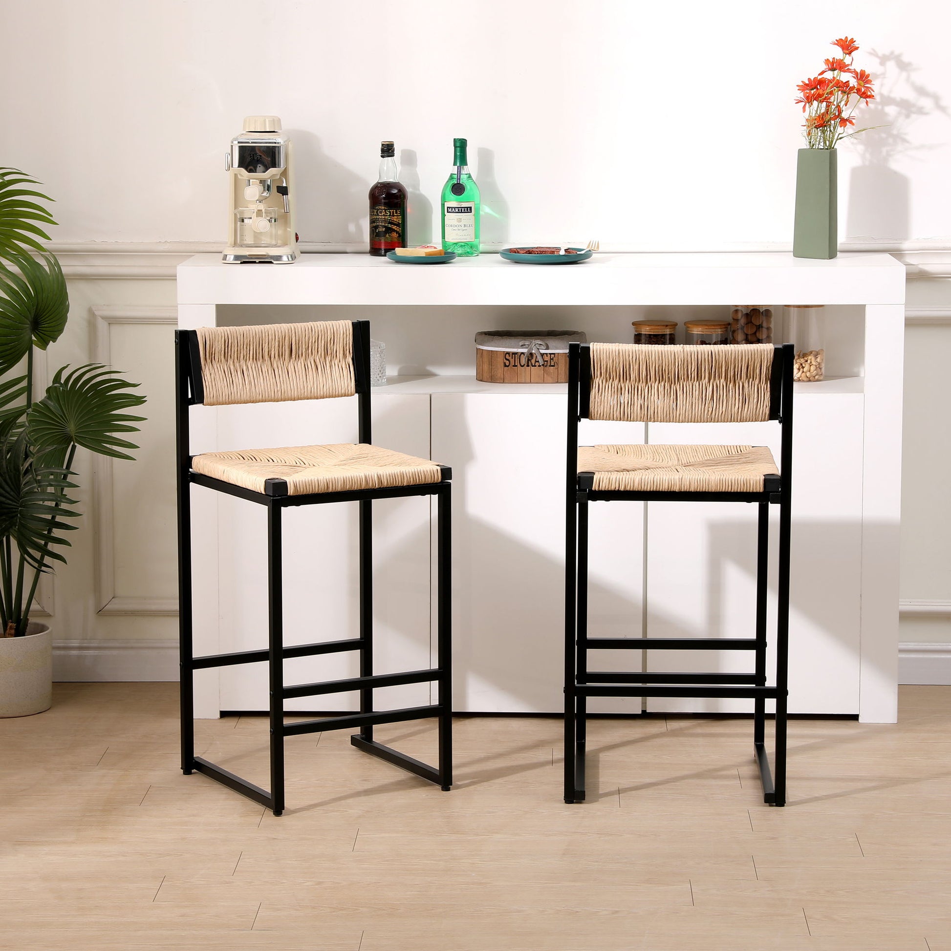 Bar Stools Paper Rope Weave Dining Chairs With Back Hand Weave Stools For Kichen Island, Bar & Counter (Set of 2) Home Essentials
