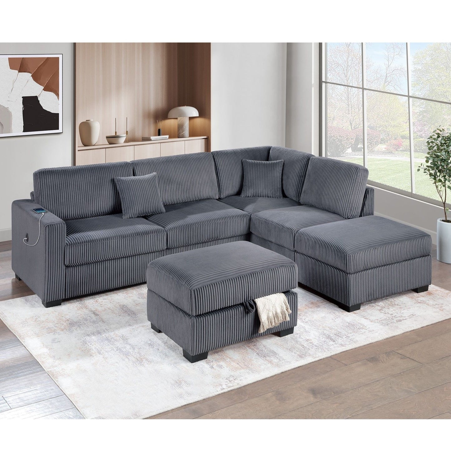 3 Piece Sectional Sofa With Reversible Chaise And USB Storage Ottoman Home Essentials