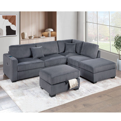3 Piece Sectional Sofa With Reversible Chaise And USB Storage Ottoman Home Essentials