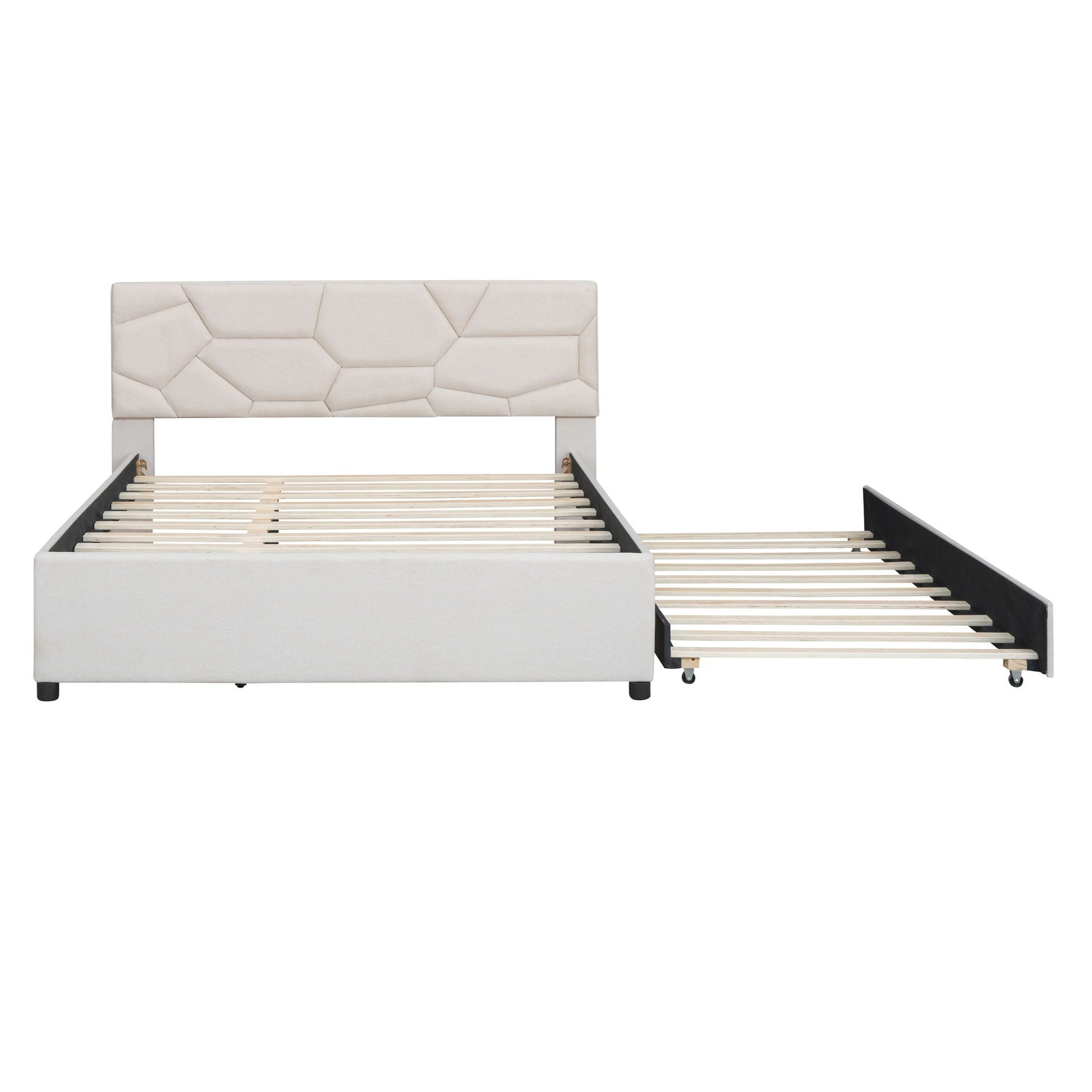 Upholstered Platform Bed With Brick Pattern Headboard And Twin Long Size Trundle Halcyon Home
