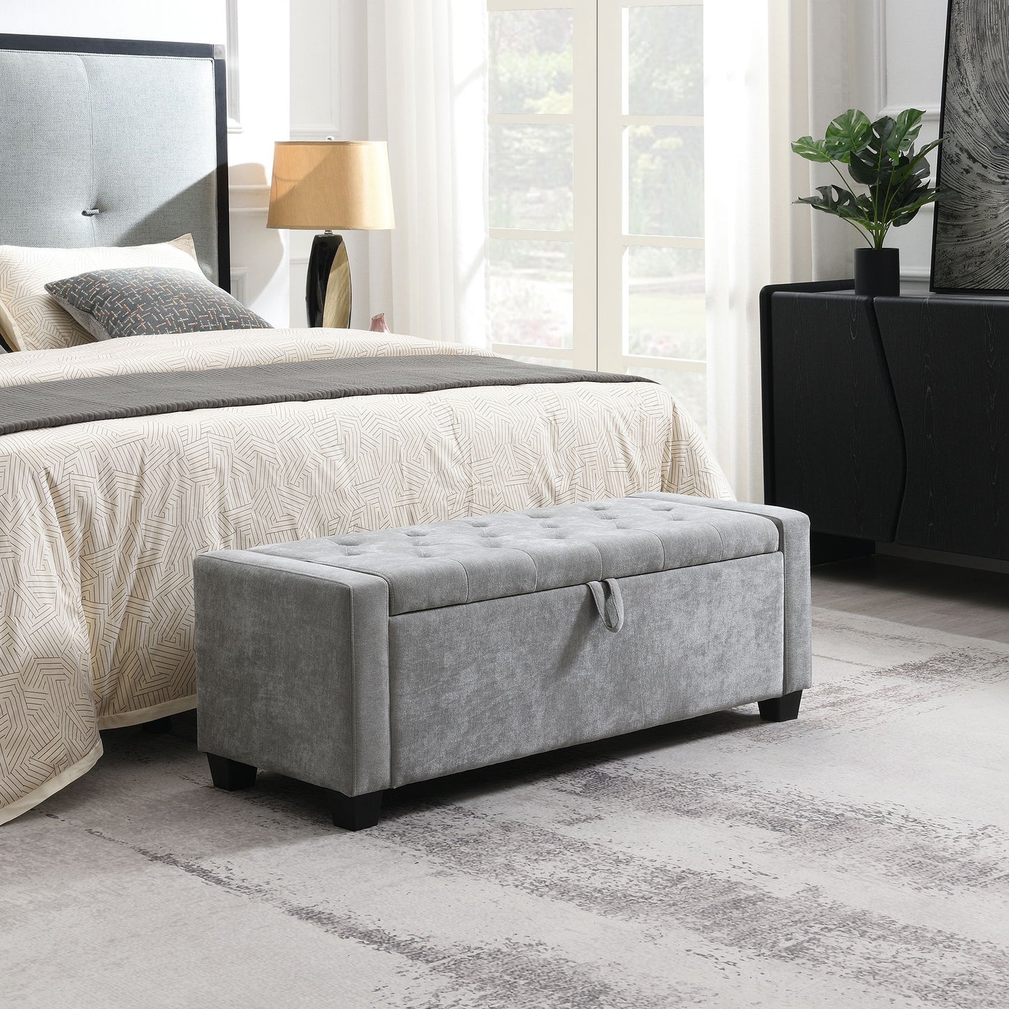 Upholstered Storage Ottoman Bench With Button Tufting And Safety Hinge Home Essentials