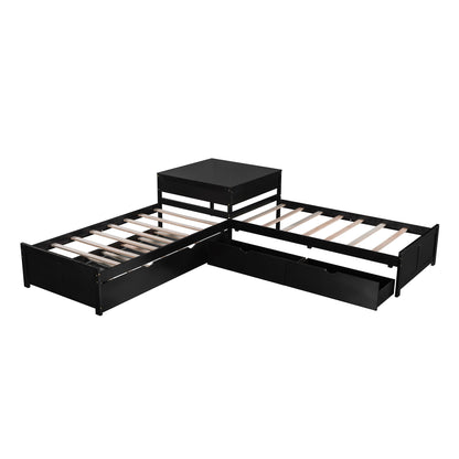 L Shaped Platform Bed With Trundle And Drawers Linked With Built In Desk Hearth and Haven