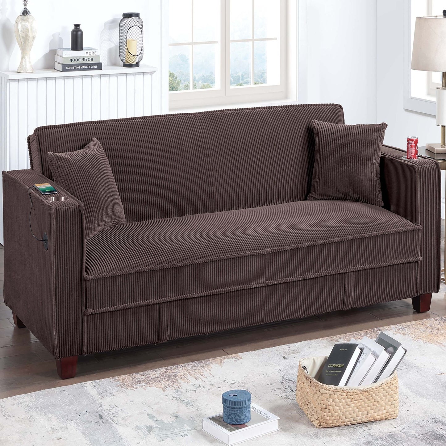 Modern Convertible Sofa With Hidden Storage USB Port, Cup Holder Home Essentials