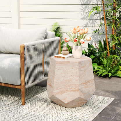 Outdoor / Indoor Lightweight Concrete Side Table, Hexagonal Round Travertine Accent Table - Beige Noble House