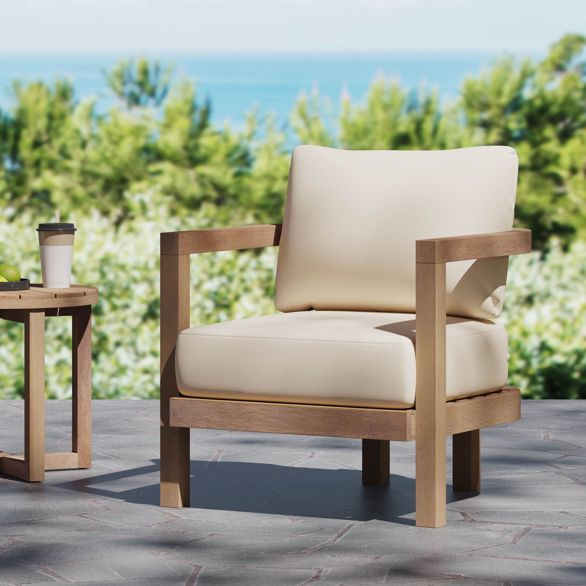 Outdoor Acacia Wood Patio Club Chair, Waterproof Thick Cushion, Deep Seating Noble House
