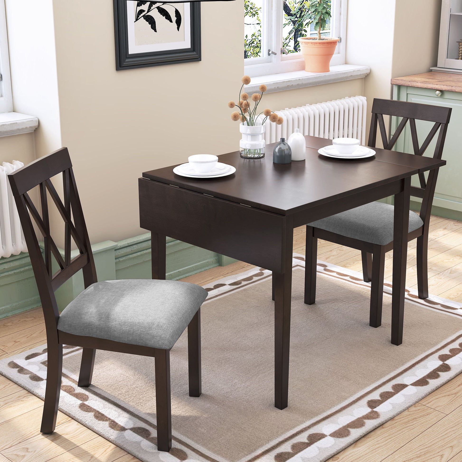 3 Piece Kitchen Dining Set With Drop Leaf Dining Table And 2 Dining Upholstered Chairs, Dining Room Set For Small Places Hearth and Haven