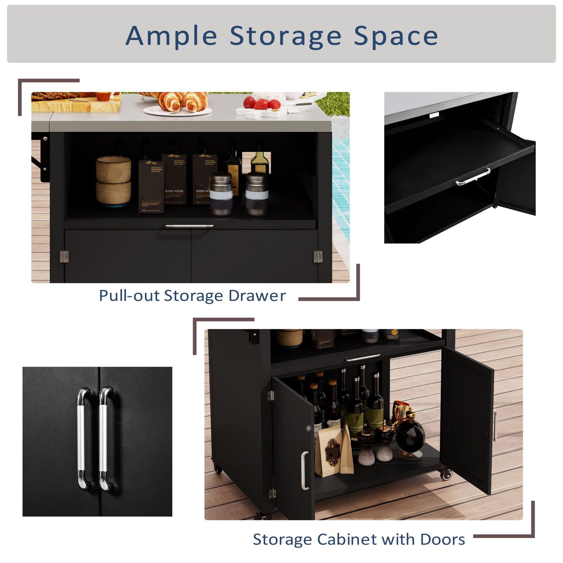Versatile Outdoor Cabinet With Folding & Expandable Work Surfaces, Ample Storage Space, And Lockable Wheels - Matte Black Hearth and Haven