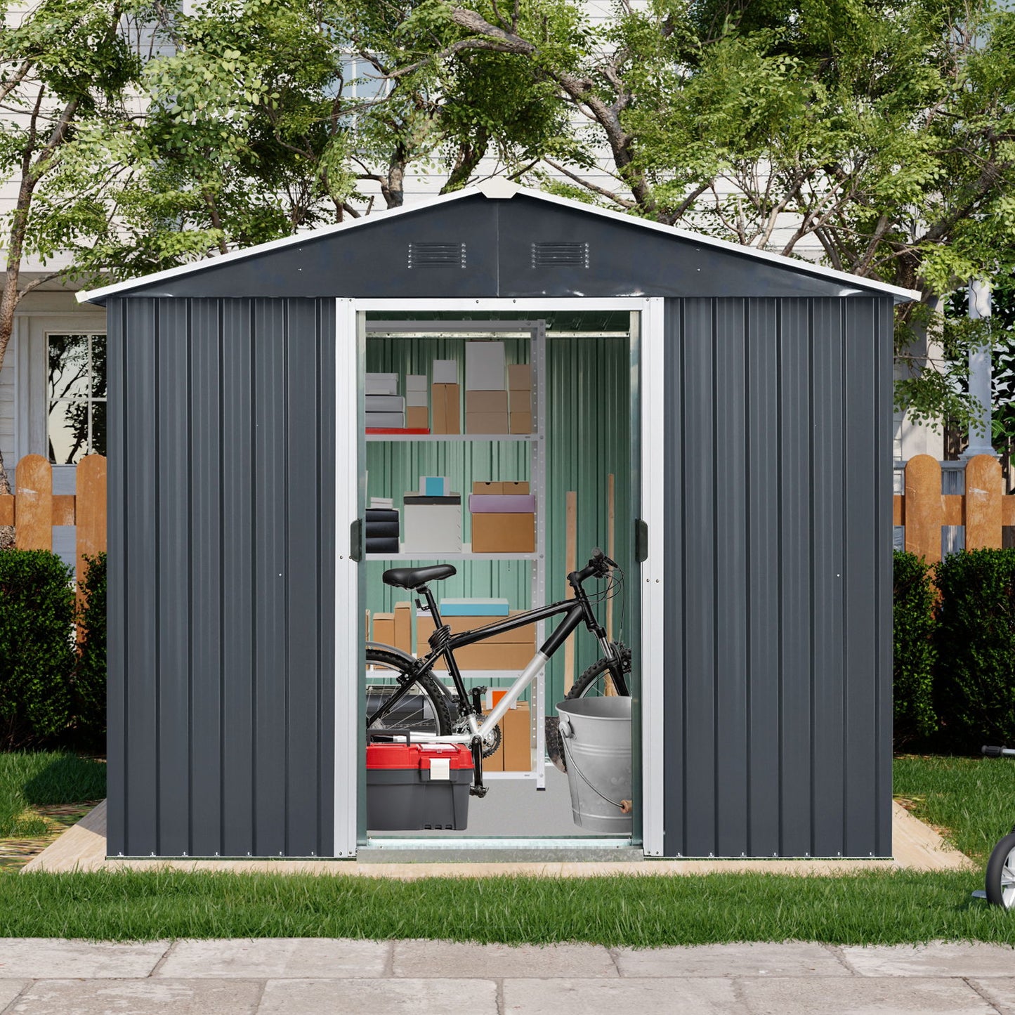 Outdoor Metal Storage Shed With Sliding Door And Foundation For Backyard, Patio, Lawn Daily Nest