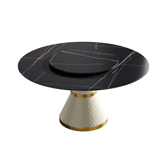59.05" Modern Artificial Stone Round Carbon Steel Base Dining Table, Can Accommodate 6 People, Artificial Stone Turntable - White / Black Home Essentials