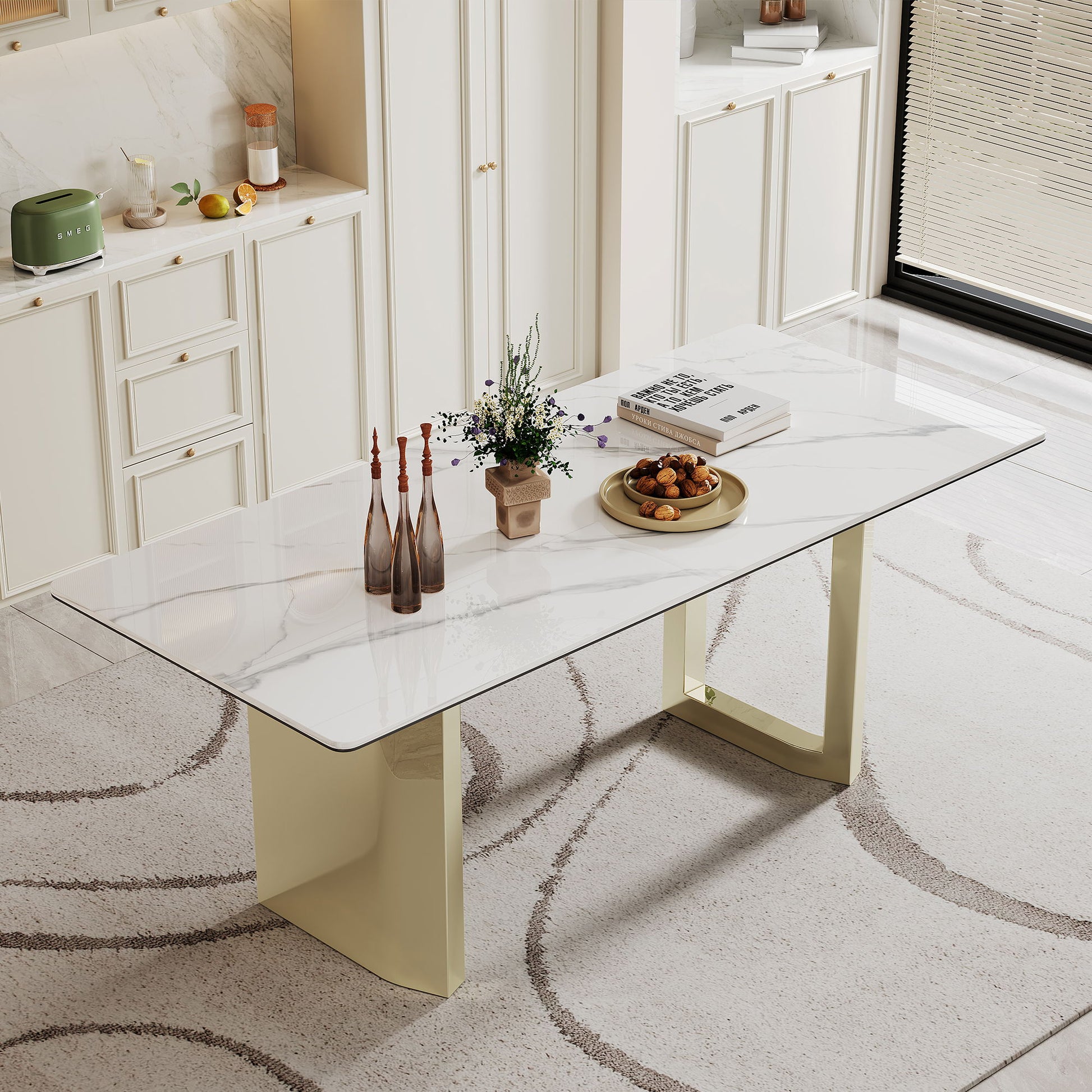 Sintered Stone Composite Tempered Glass Top Rectangular Dining Table With Stainless Steel Base Home Essentials