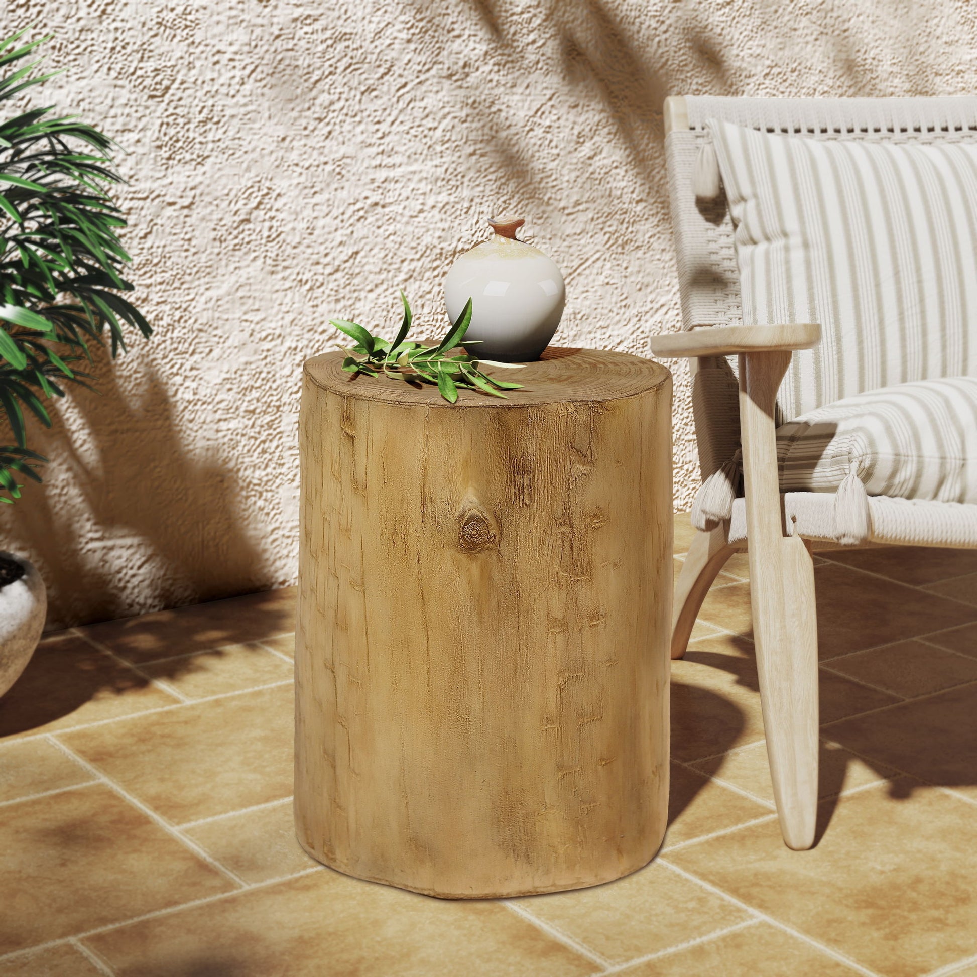 Hand Painted Wood Stump Style Outdoor Side Table - Light Brown Noble House