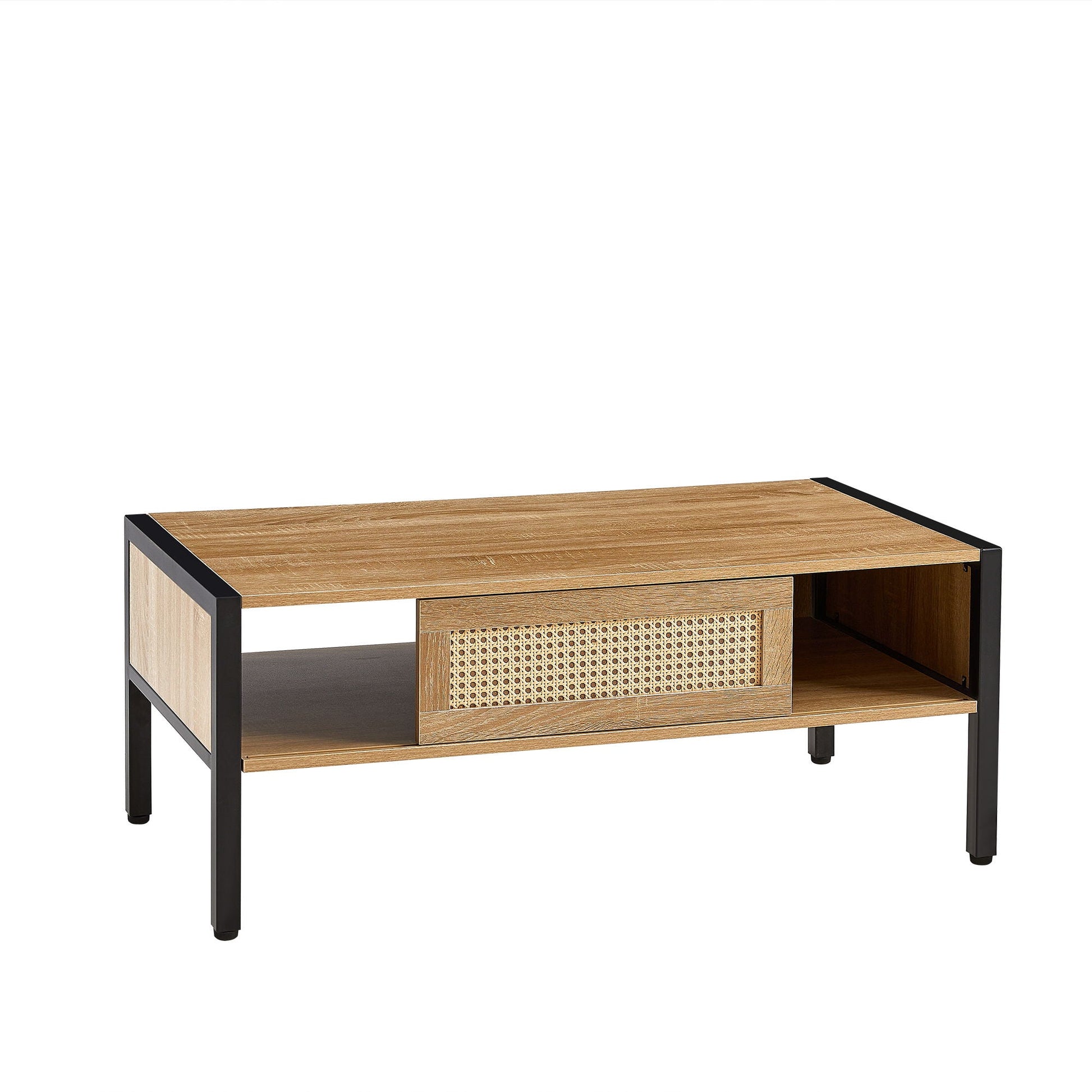 40.16" Rattan Coffee Table, Sliding Door For Storage, Metal Legs, Modern Table For Living Room Home Essentials