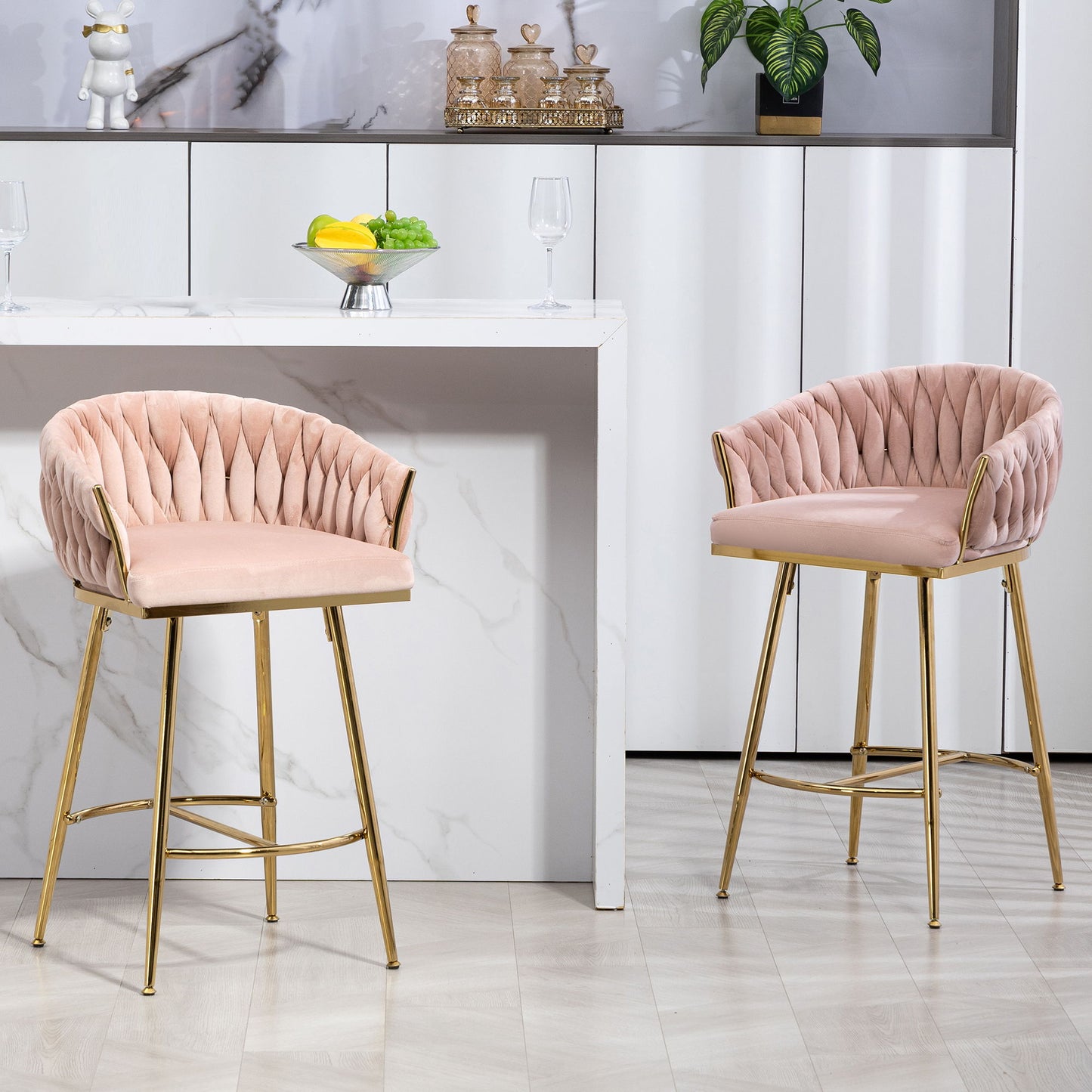 Counter Height Bar Stools Kitchen Island Counter Bar Stool With Hand - Wave Back, Golden Chromed Base And Footrest (Set of 2) - Pink Home Essentials