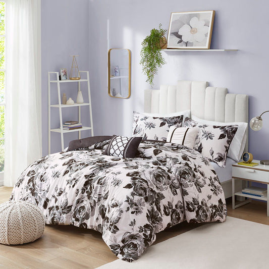 Dorsey - Floral Print Comforter Set - Black / White Intelligent Design
