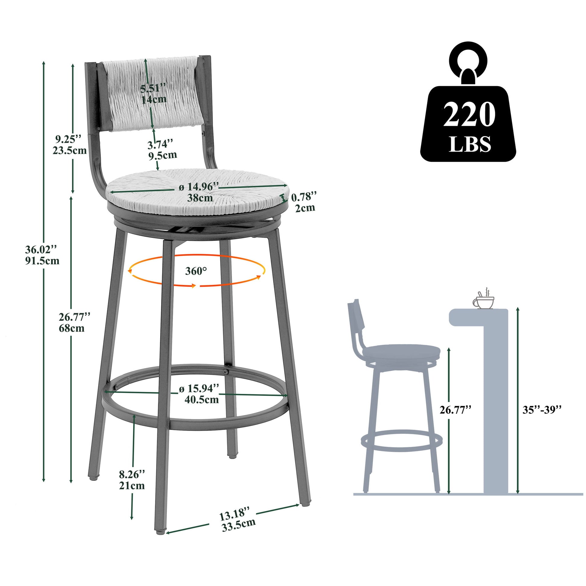 Bar Stools Swivel Counter Chairs With Metal Frame Hand Woven Paper Rope Dining Barstools For Kitchen Counter (Set of 2) Home Essentials