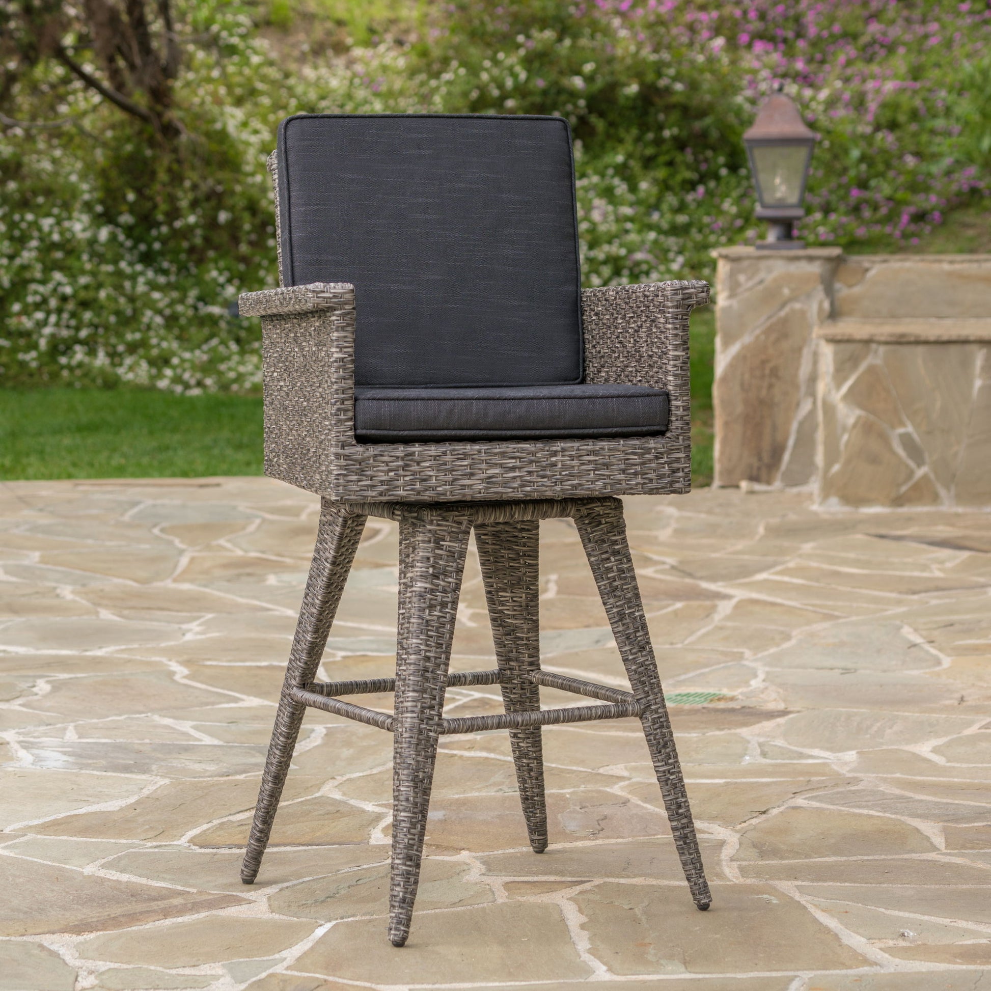Outdoor Rattan Swivel Barstool With Water Resistant Cushion - Mixed Black / Dark Gray Noble House