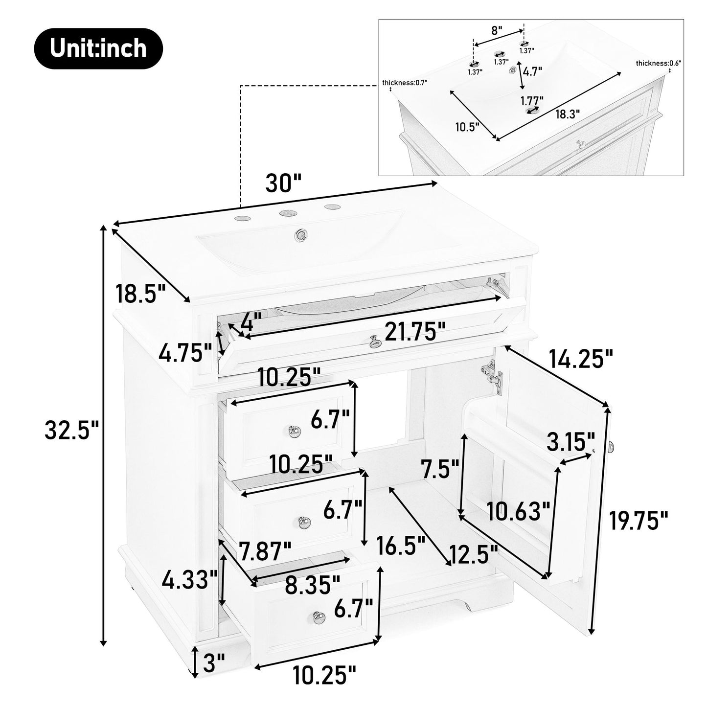 Freestanding Bathroom Vanity With Sink, Soft Closing Door, Tip Out Drawer Noble House