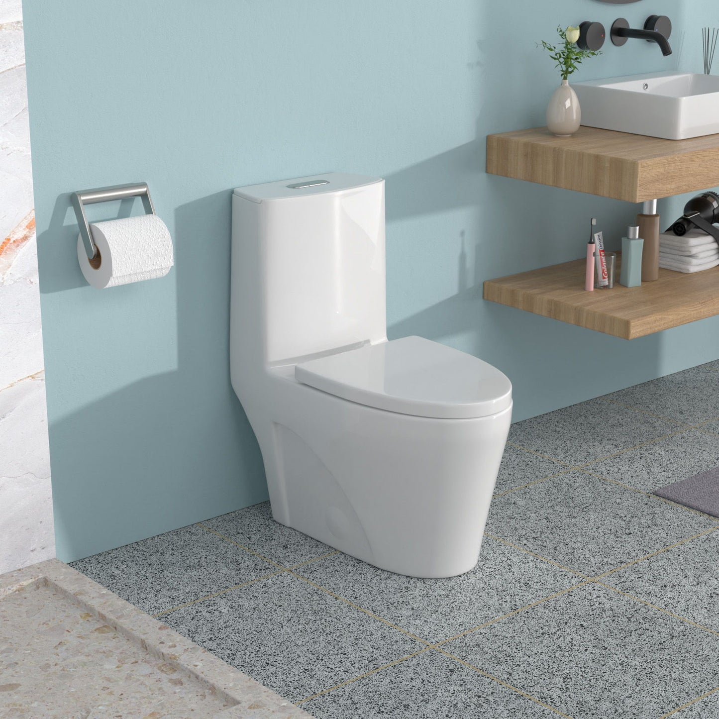 1 Piece Toilet For Bathroom, Dual Flush 1.24 / 1.6 Gpf, Soft Closing Seat - White Daily Nest