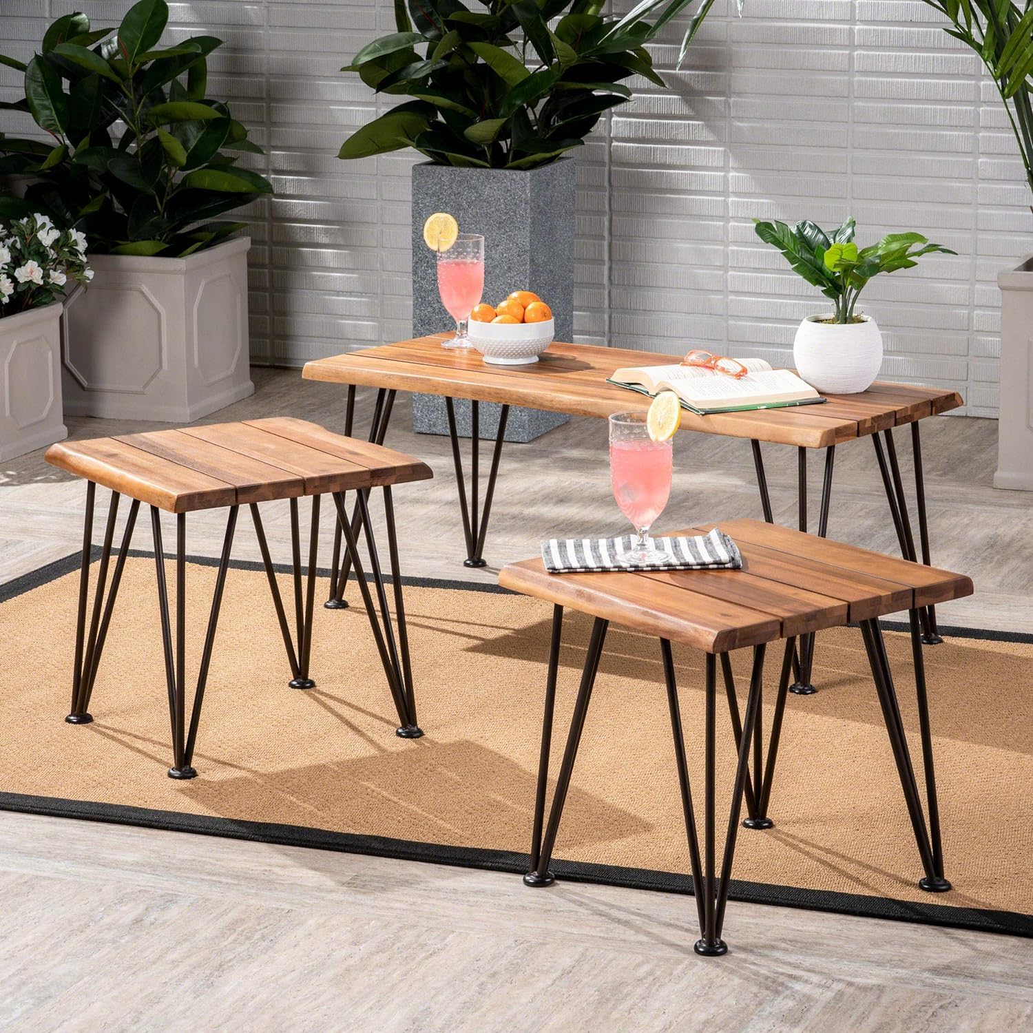 Zion - Outdoor Industrial Iron And Coffee Table - Teak Noble House