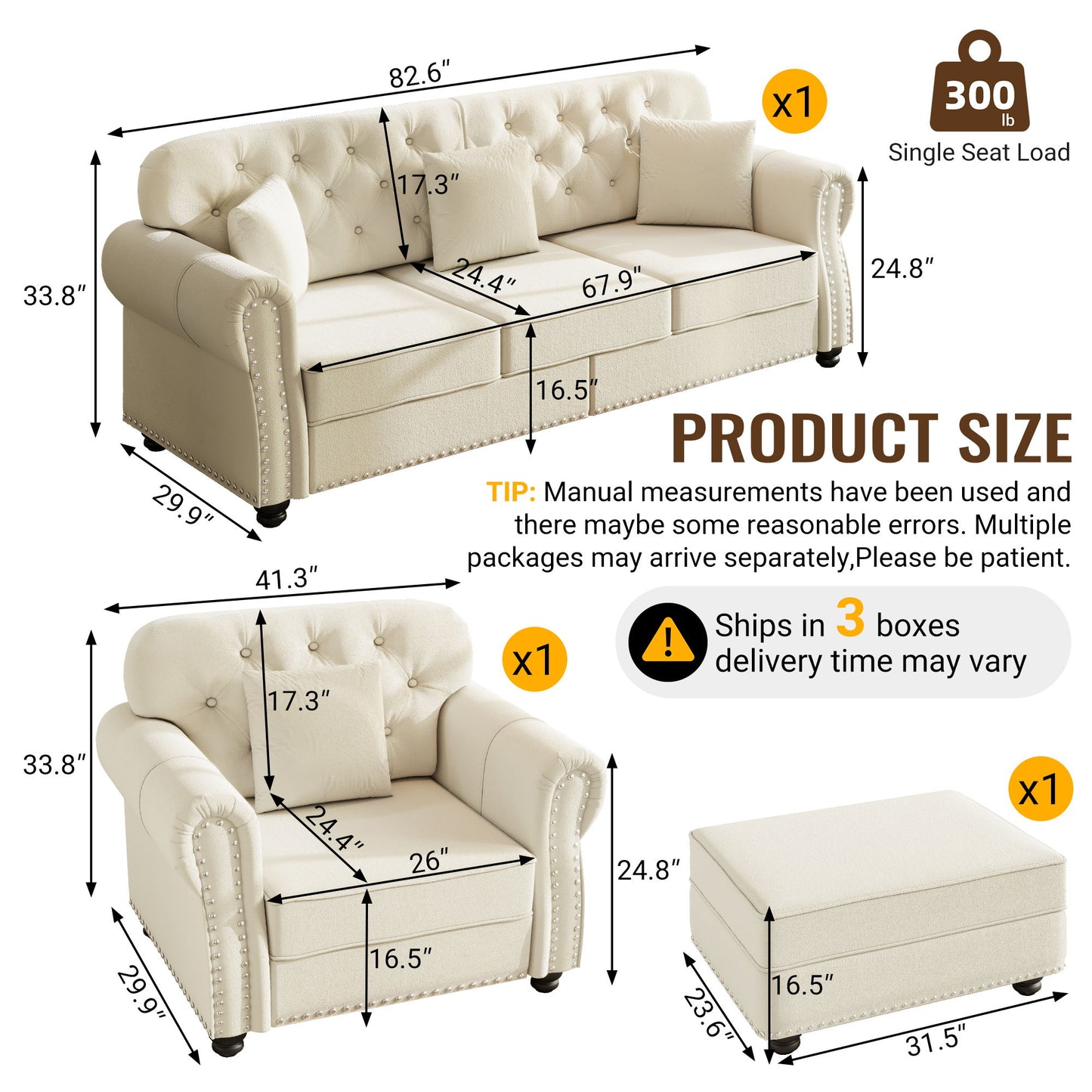 Upholstered Sofa Set With Nailhead Trim And Rolled Armrests, Includes Pillows Home Essentials
