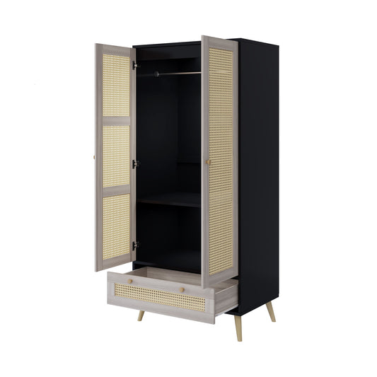 Tall Armoire Wardrobe Closet With 2 Rattan Doors & 1 Drawer, Boho Clothes Storage Cabinet With Hanging Rod For Bedroom - Natural / Black Hearth and Haven