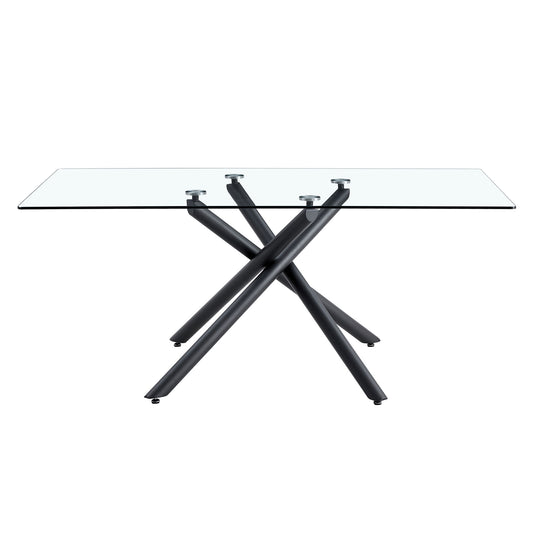 Minimalist Rectangular Glass Dining Table For 6 - 8 With Tempered Glass Top And Metal Legs - Black / Transparent