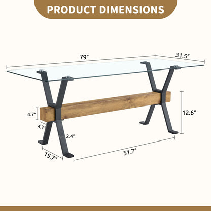 Elegant Tempered Glass Dining Table With X Shaped Metal Legs And Wood Grain Crossbeam - Black / Transparent Home Essentials