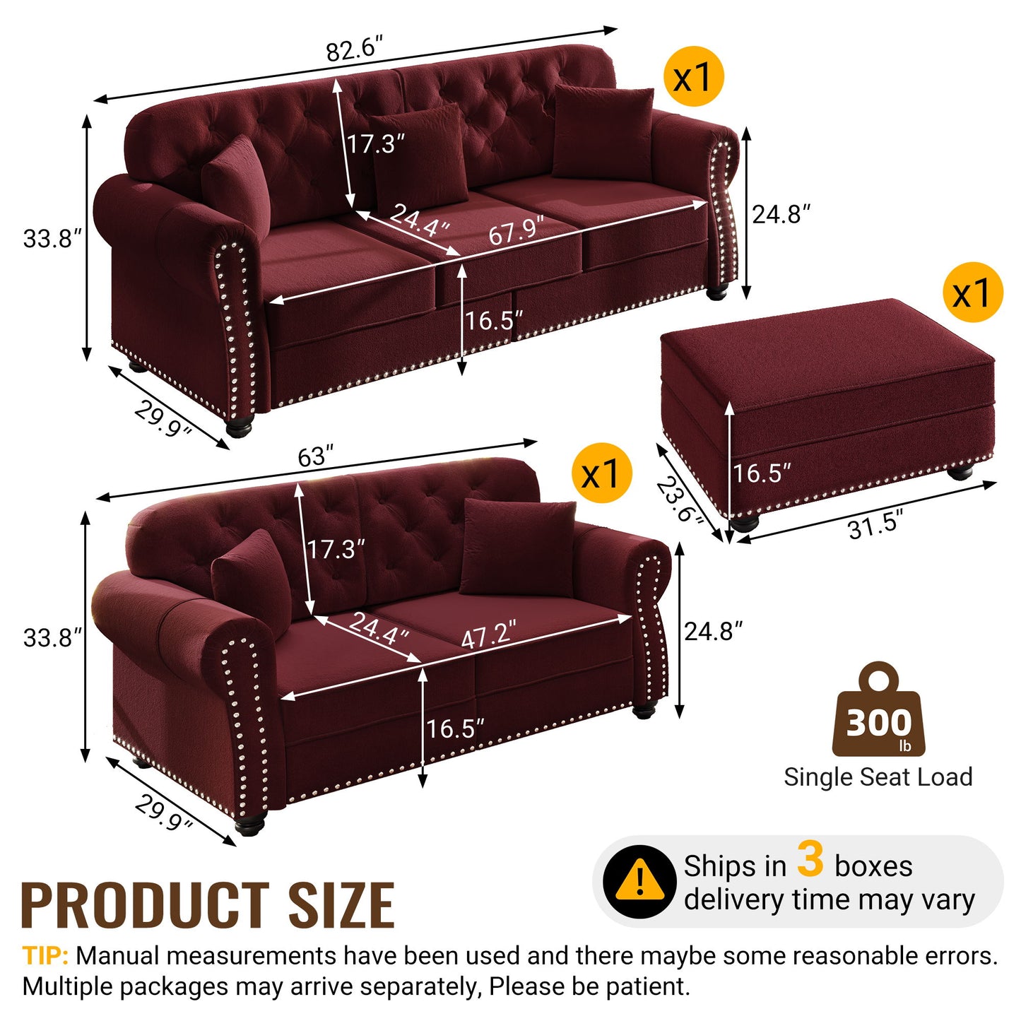 Upholstered Sofa Set With Nailhead Trim And Rolled Armrests, Includes Pillows Home Essentials