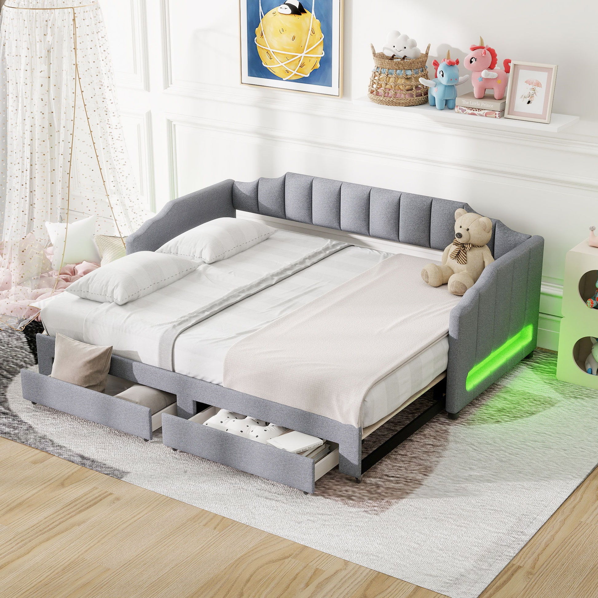 Extendable Daybed With LED Light And 2 Storage Drawers Dreamland