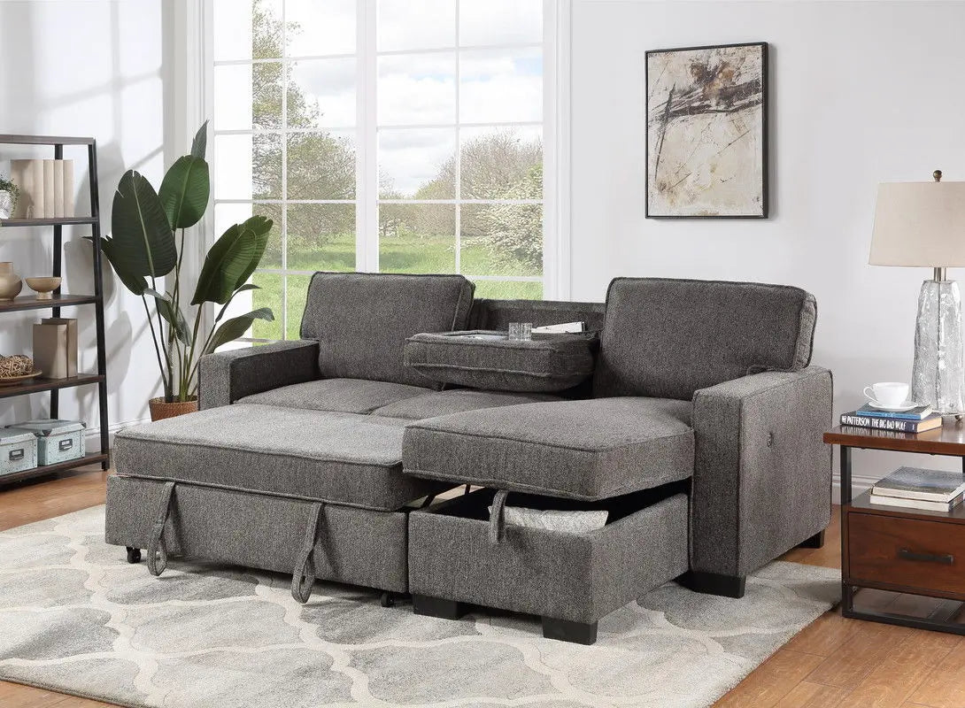 Estelle - Fabric Reversible Sleeper Sectional With Storage Chaise Drop-Down Table 2 Cup Holders And 2 USB Ports Lilola Home