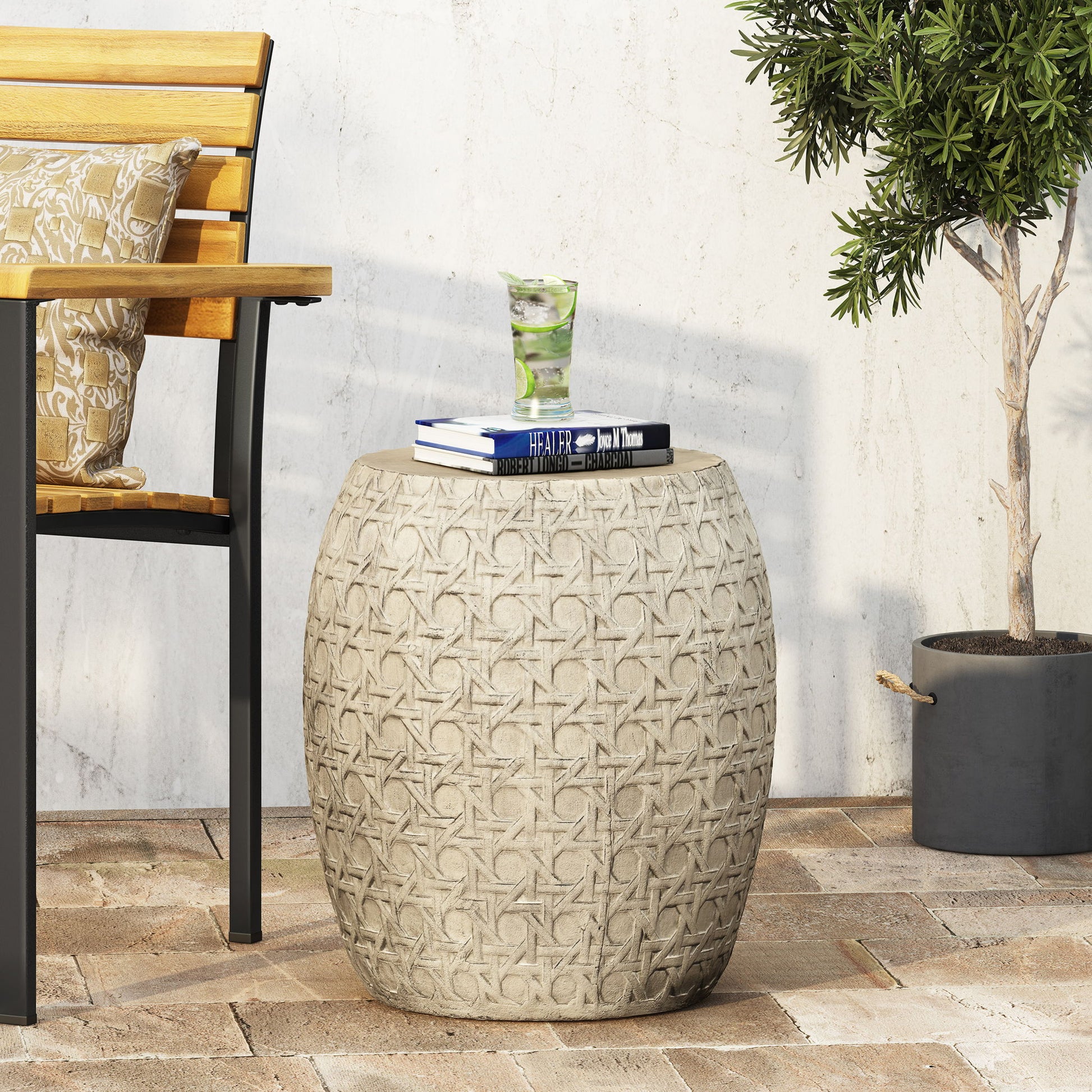 Outdoor Lightweight Concrete Side Table - Antique Yellow Noble House