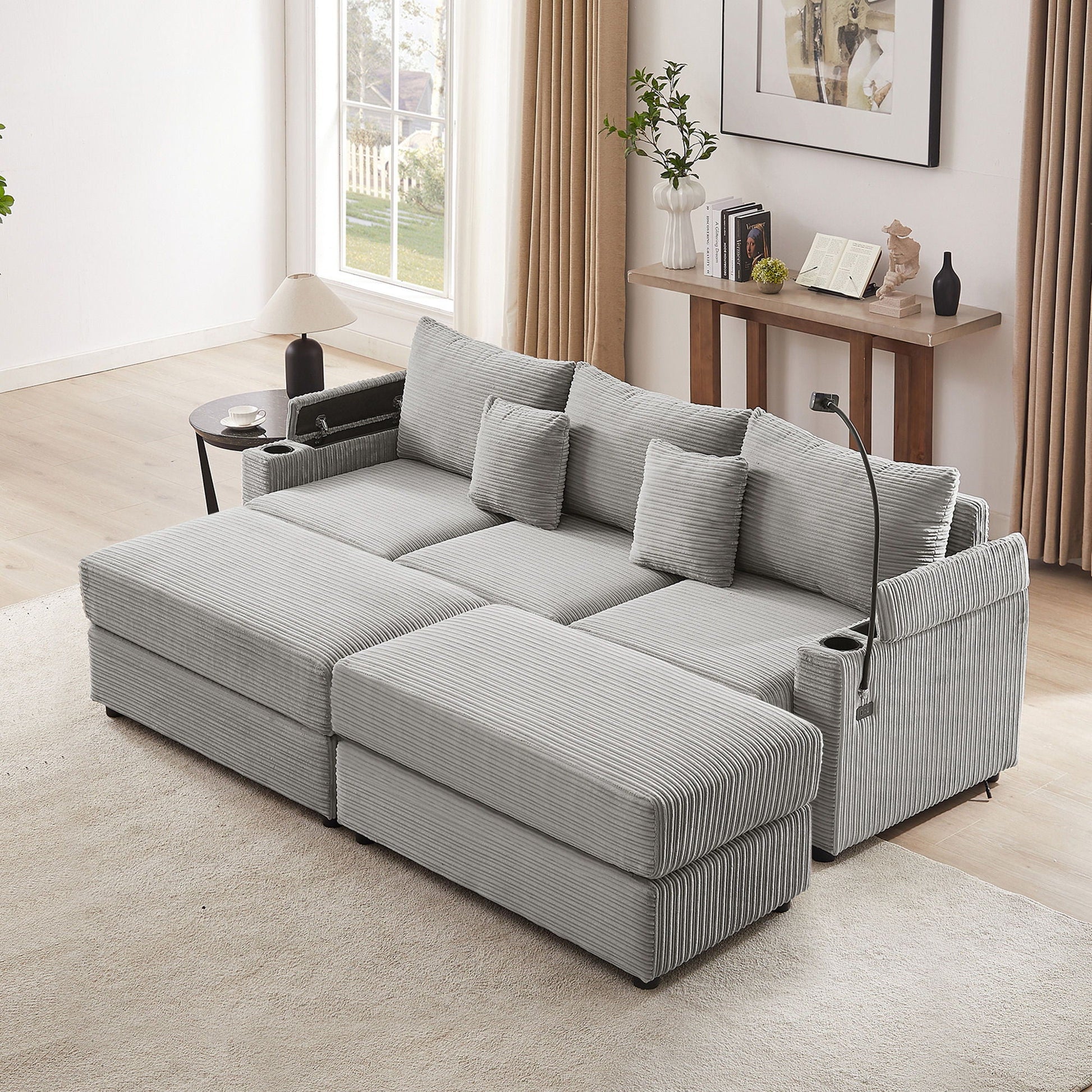 Modern Style Loveseat Sofa Sectional Sofa Couch With Storage Space, A Movable Ottoman, Two USB Ports, Two Cup Holders, A Phone Holder For Living Room Hearth and Haven