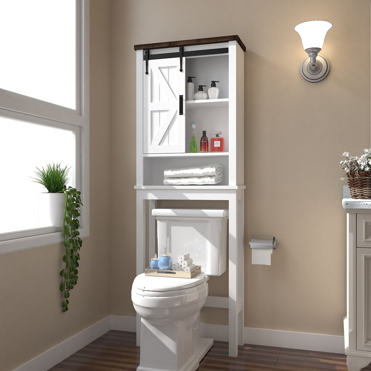 Over The Toilet Storage Cabinet, Farmhouse Above Toilet Storage Cabinet With Adjustable Shelves & Sliding Barn Doors, Organizers Over Toilet For Bathroom, Living Room - White