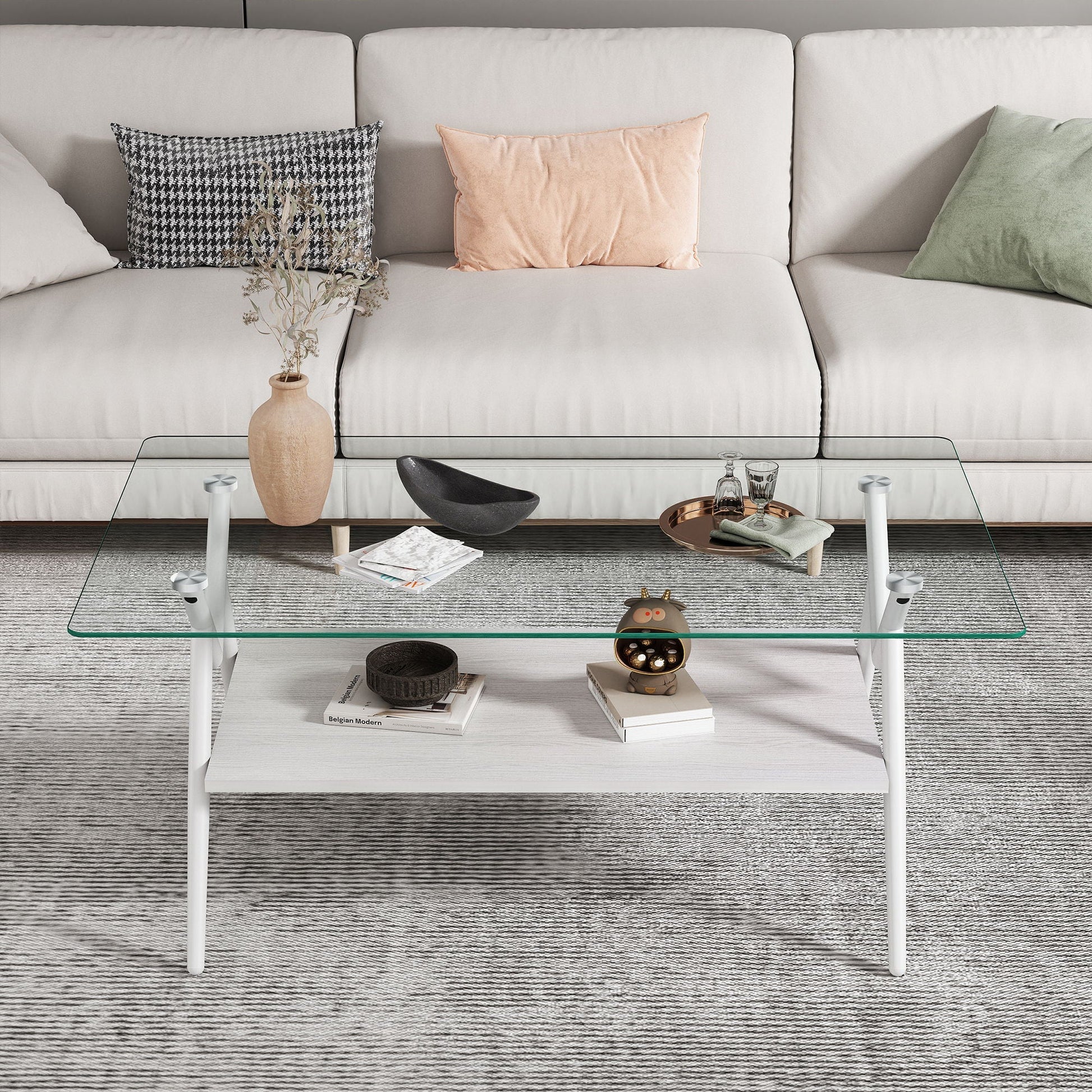 Rectangle Coffee Table With Tempered Glass Top And Shelf, Modern Table For Living Room Home Essentials