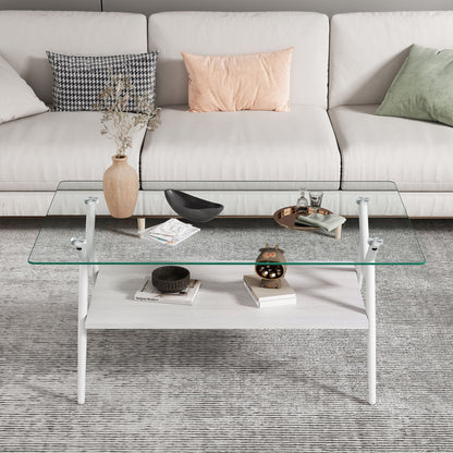 Rectangle Coffee Table With Tempered Glass Top And Shelf, Modern Table For Living Room Home Essentials