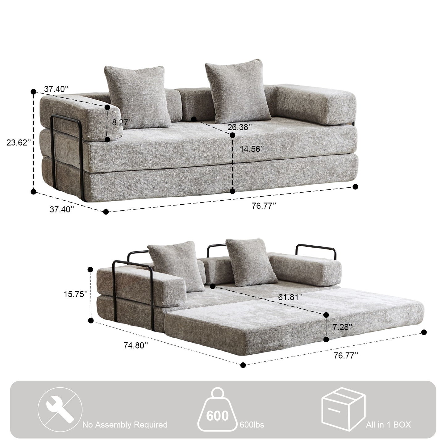 Convertible Floor Sofa Bed With Pillow Back Support Armrest Home Essentials