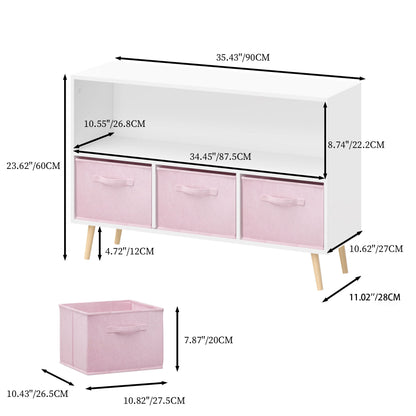 Kids Bookcase With Collapsible Fabric Drawers, Children's Book Display, Toy Storage Cabinet Organizer - White / Pink Home Essentials