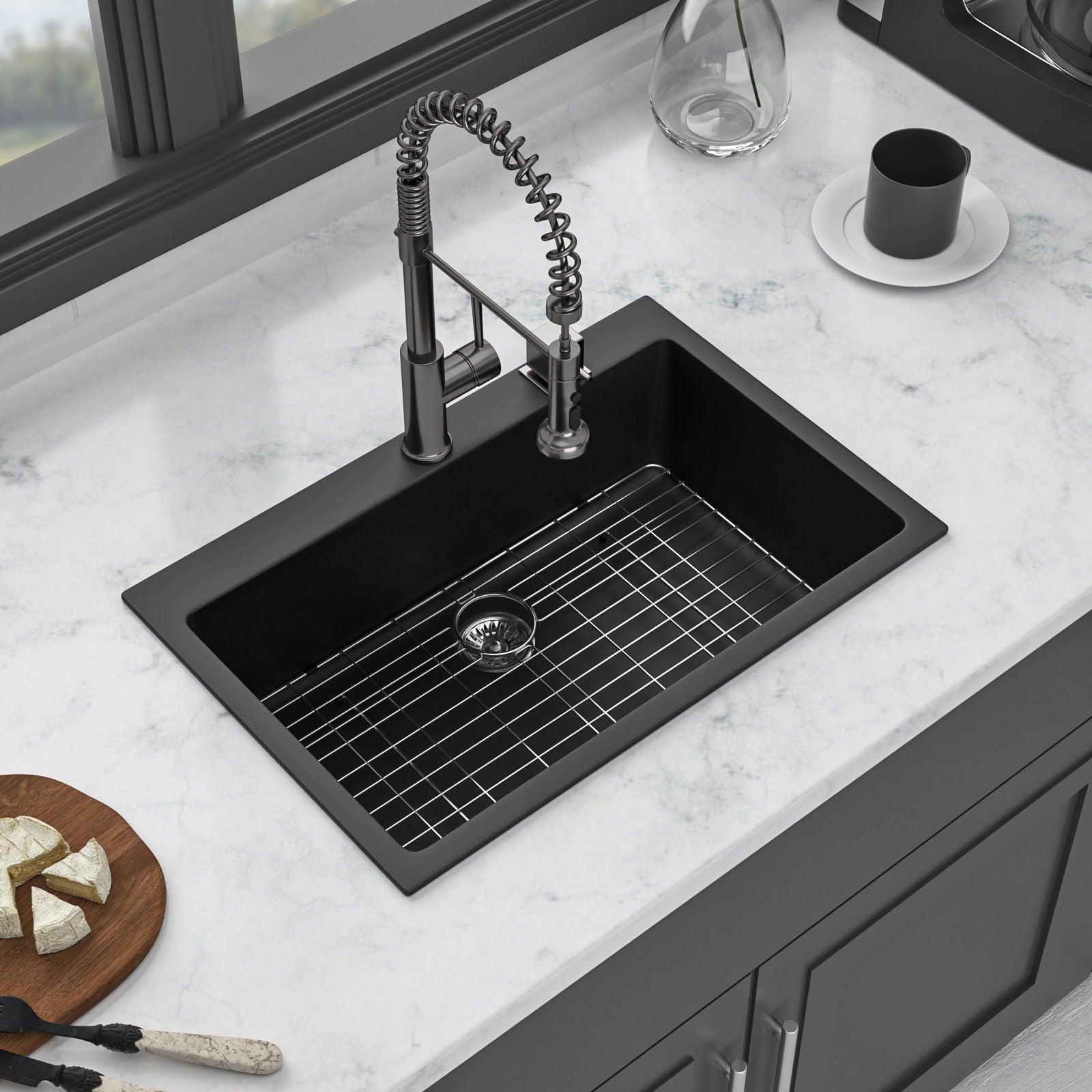 Kitchen Sink Granite Composite Drop In Sink With Durable Material - Black Daily Nest