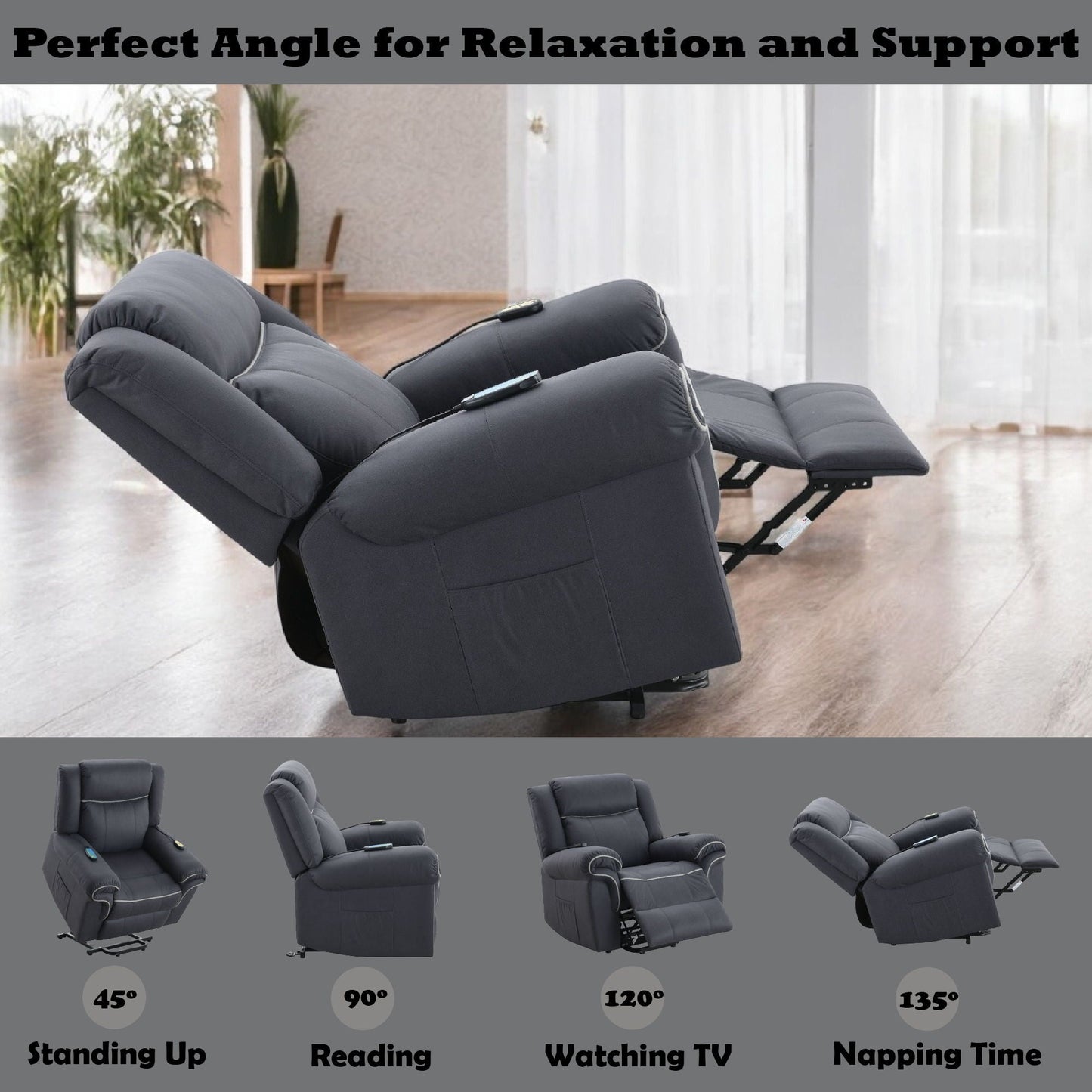 Domana - Polished Microfiber Power Nirion Recliner With Lift Heating Massage Chair - Dark Blue Acme